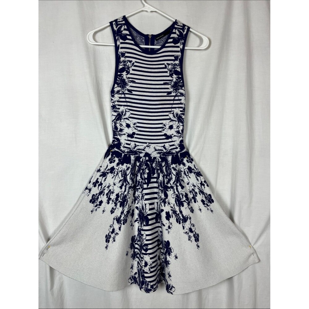 Karen Millen Blue Floral Striped Sleeveless Fit and Flare Sweater Dress
